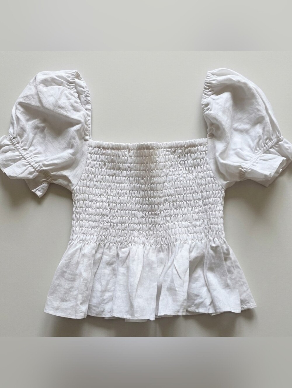 Elan 100% Linen White Smocked Peplum Top M Puff Sleeve Square Neck Cottagecore